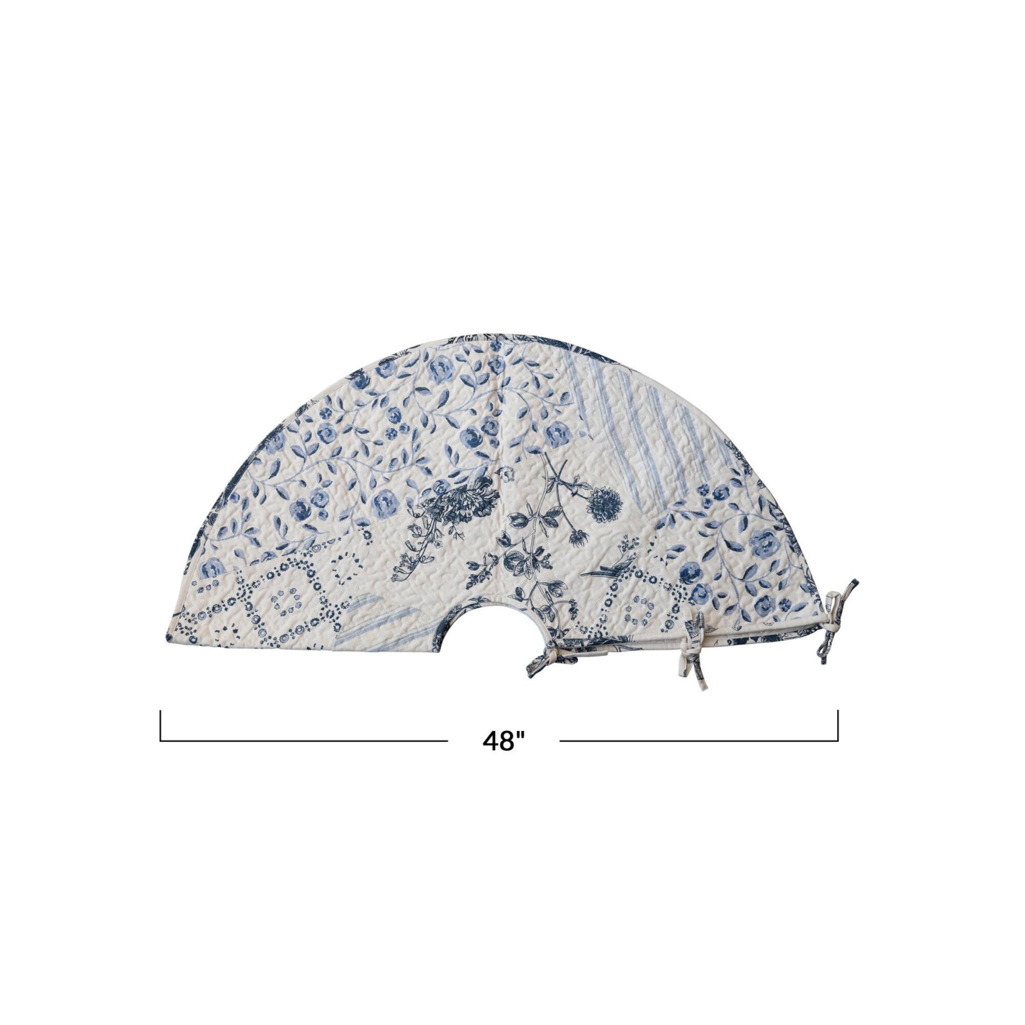 Hello Honey® 48" White & Blue Round Quilted Cotton Patchwork Floral Tree Skirt